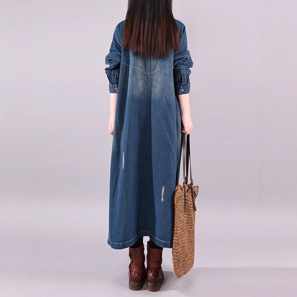 Loose Denim Trench Coat Retro Distressed Mid-length