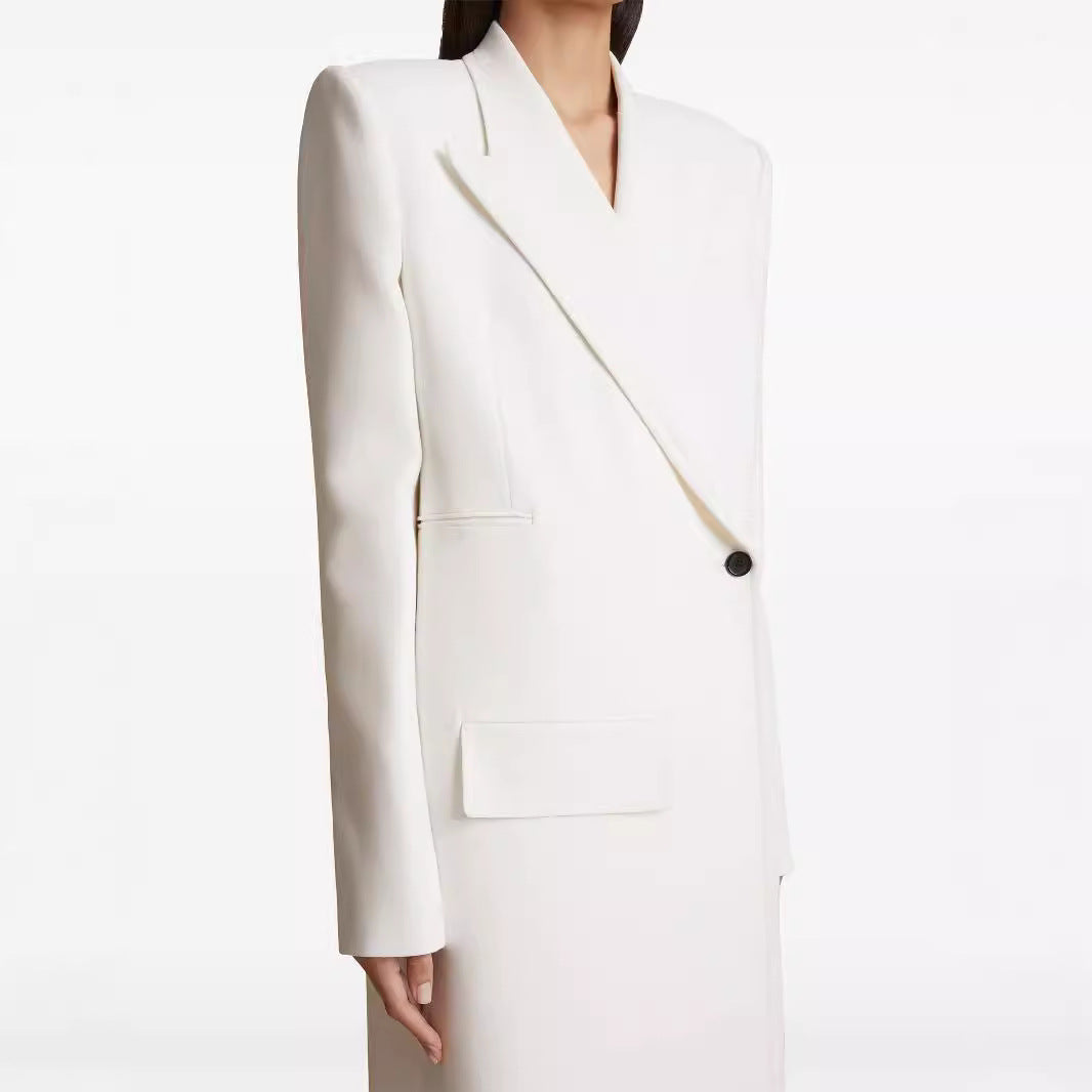One Button Oblique Cut Extended Solid Color Long Sleeve Jacket Suit