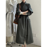 Retro Lapels One Button Mid-length Trench Coat Women's Belt Coat