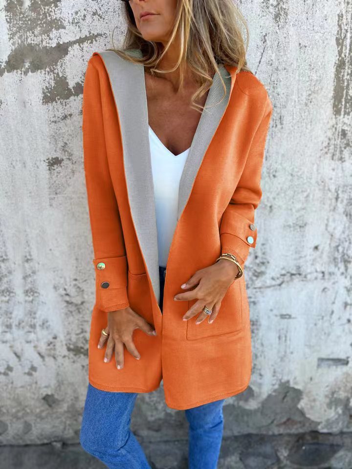 European And American Spring New Women's Clothing Casual Contrast Color Sweater Cardigan Hooded Coat