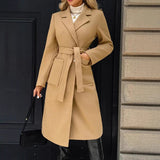 Women's Woolen Simple Lace Waist-tied Coat