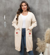 Women's Plus Size Mid-length Woven Love Double Pocket Lantern Sleeve Sweater Cardigan