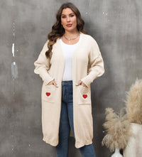 Women's Plus Size Mid-length Woven Love Double Pocket Lantern Sleeve Sweater Cardigan