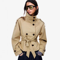 Stand Collar Temperament Commute Double Breasted Waist-controlled Lace-up Short Trench Coat