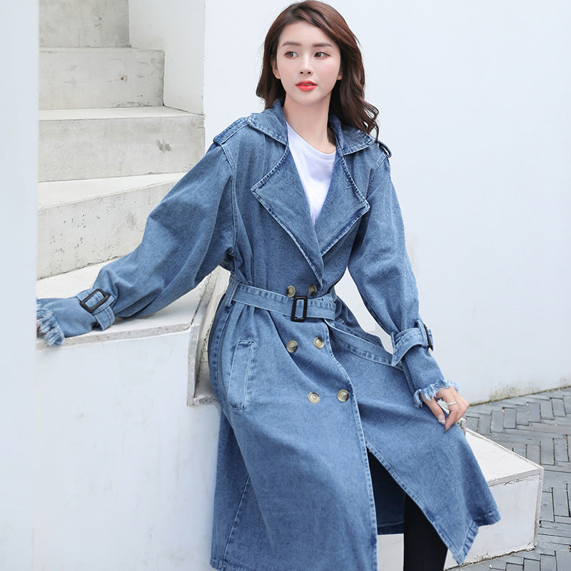 Loose Mid-length Coat With Belt Double Breasted Denim Women's Windbreaker