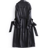 Black Long Tie Double Breasted Leather Wind Coat