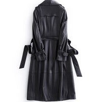 Black Long Tie Double Breasted Leather Wind Coat