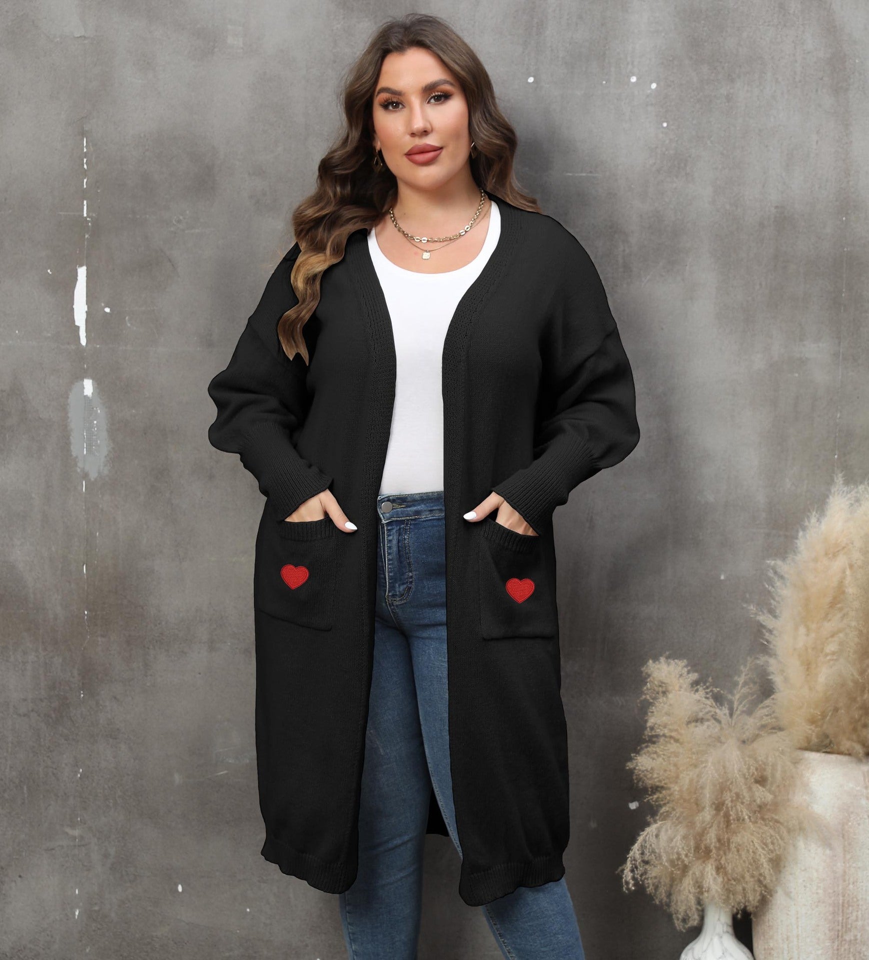 Women's Plus Size Mid-length Woven Love Double Pocket Lantern Sleeve Sweater Cardigan