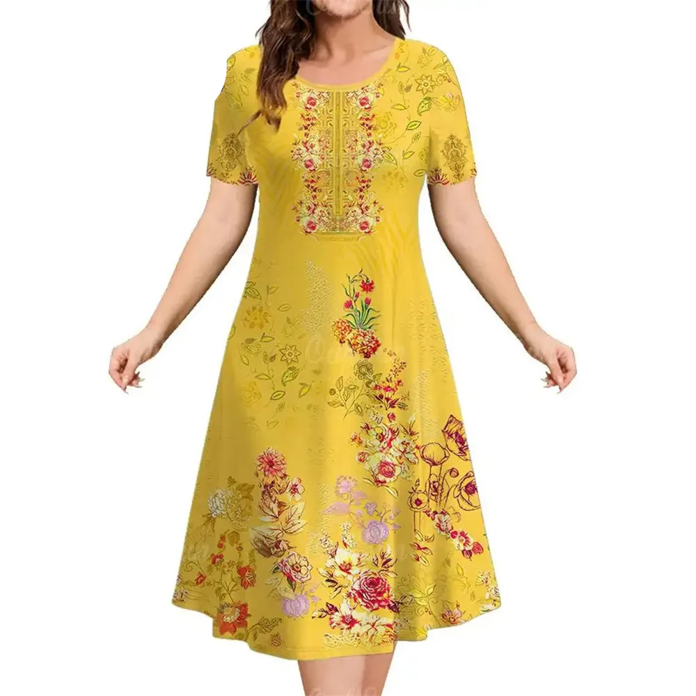 Retro 3D Print Short Sleeved Flowers Dress