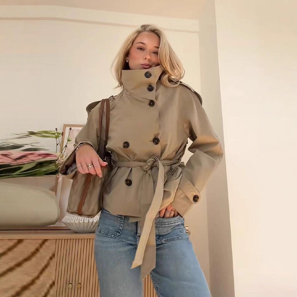 Retro Lapels Design Double Breasted Lace Up All-match Long Sleeve Short Trench Coat