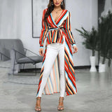 Rainbow Stripes Deep V-neck Slim-fit Front Short Back Large Coat