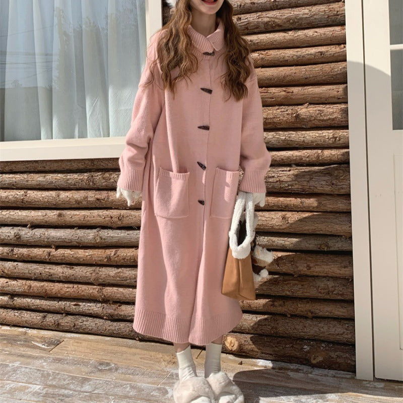 Horn Button Sweater Cardigan Women's Mid-length Turn-down Collar Coat