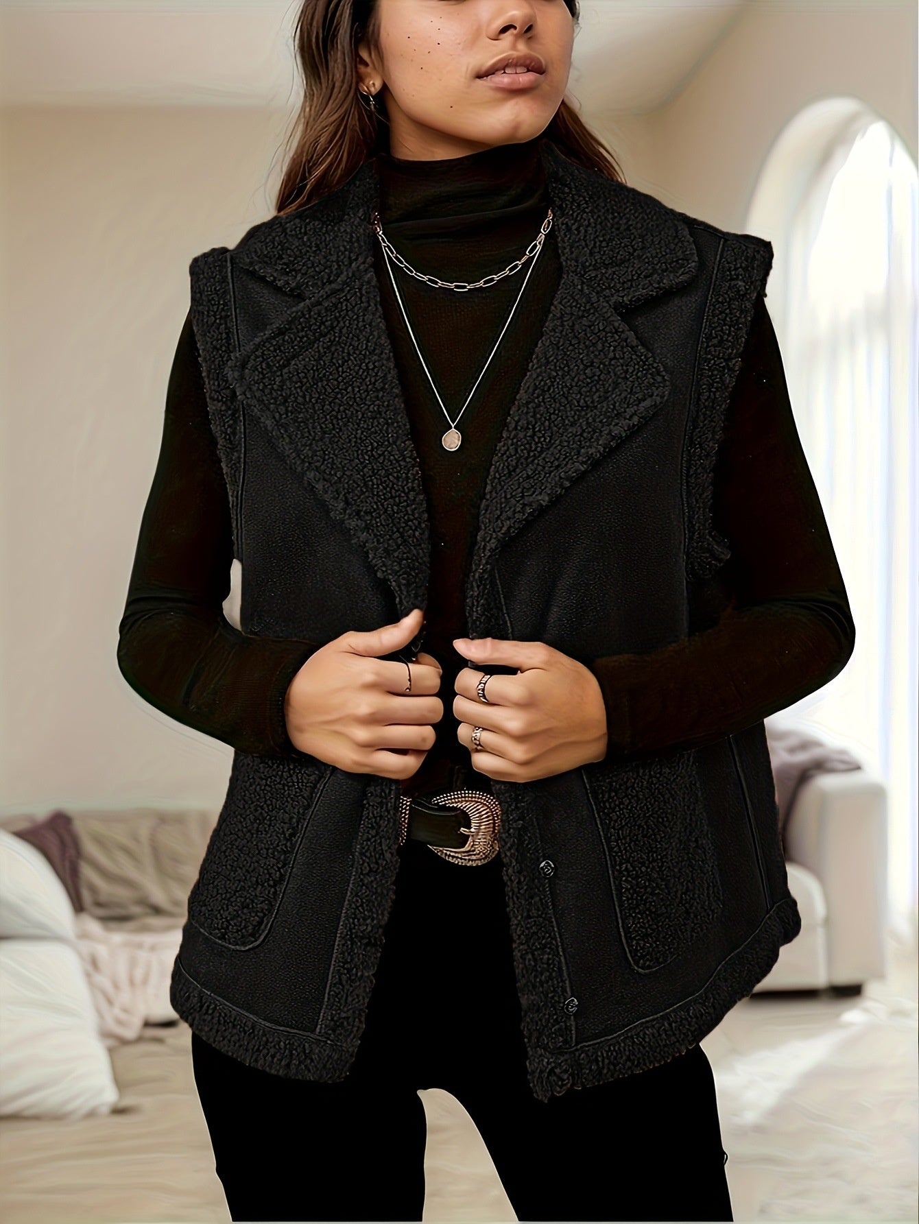 Women's Corduroy Collar Stitching Suede Vest Jacket With Side Pockets