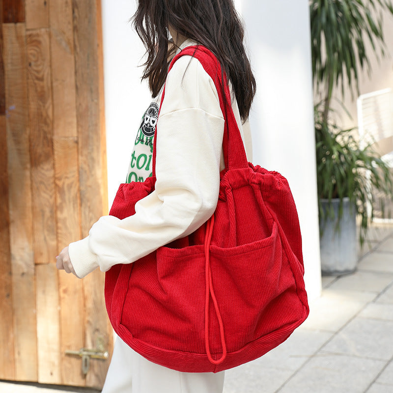 Ins Corduroy Shoulder Drawstring Bags