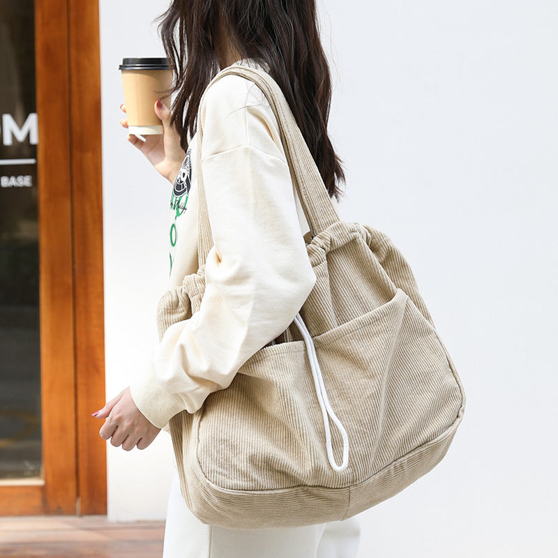Ins Corduroy Shoulder Drawstring Bags