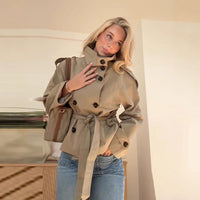 Retro Lapels Design Double Breasted Lace Up All-match Long Sleeve Short Trench Coat