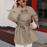 Trench Coat Women's Long Khaki Workwear Lace-up Long Sleeve Coat