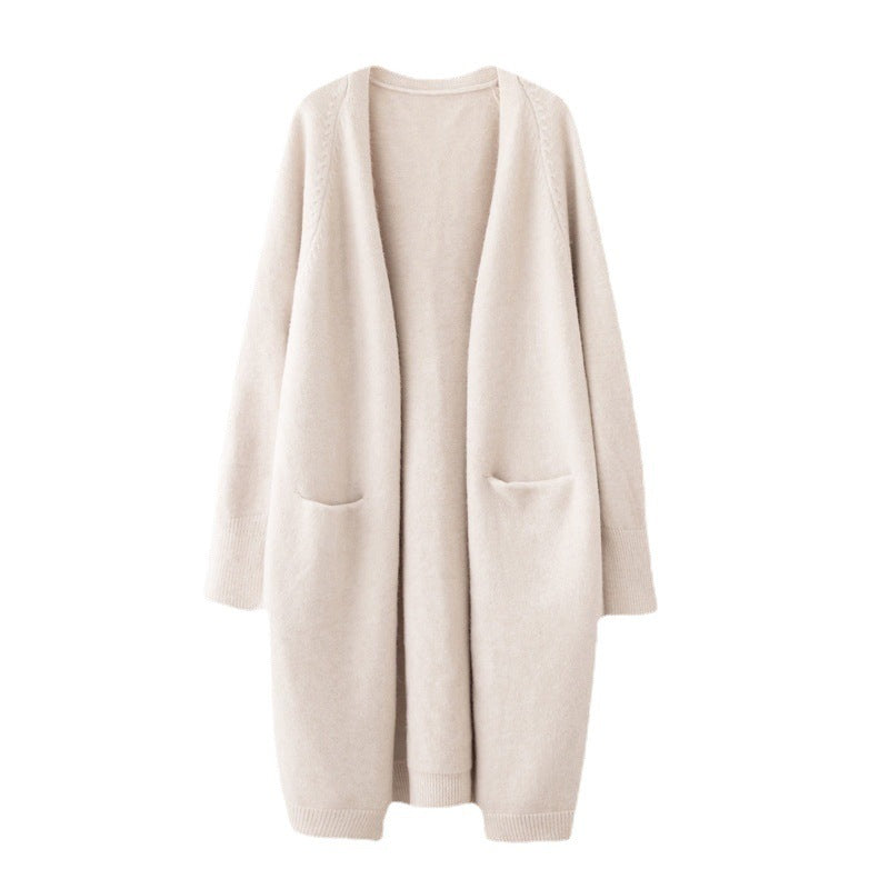 Mid-length Sweater Women's Solid Color V-neck Knitted Jacket