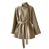 Retro Mid-length Windbreaker Women's Loose Waist Stand Collar Coat