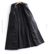 Black Long Tie Double Breasted Leather Wind Coat