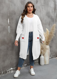 Women's Plus Size Mid-length Woven Love Double Pocket Lantern Sleeve Sweater Cardigan
