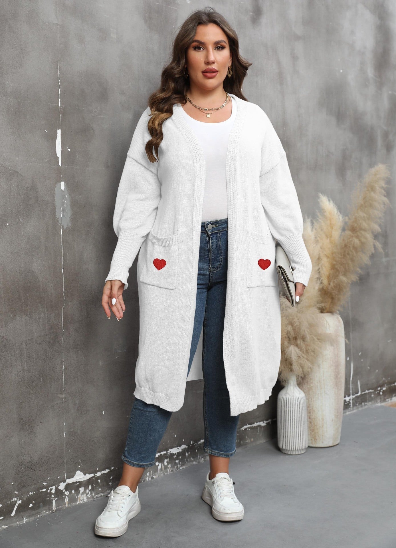 Women's Plus Size Mid-length Woven Love Double Pocket Lantern Sleeve Sweater Cardigan