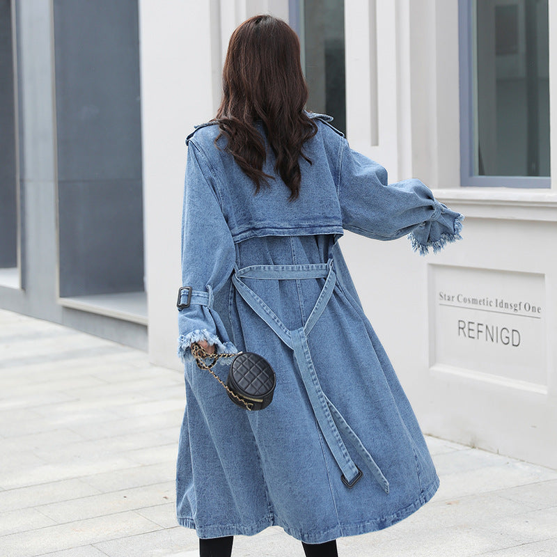 Loose Mid-length Coat With Belt Double Breasted Denim Women's Windbreaker