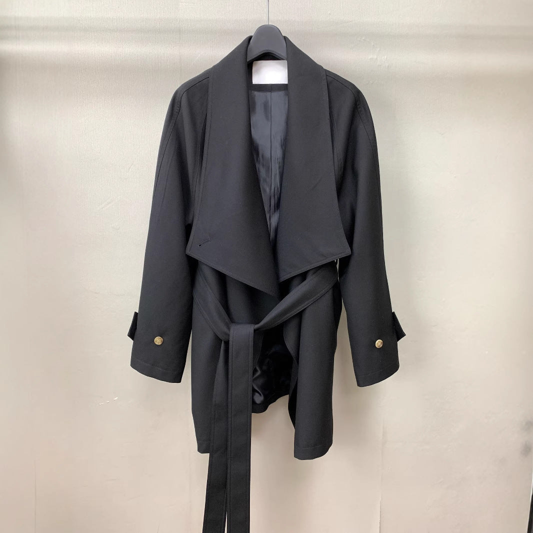 Loose Profile Commute Minimalist Black Large Lapel Design Trench Coat