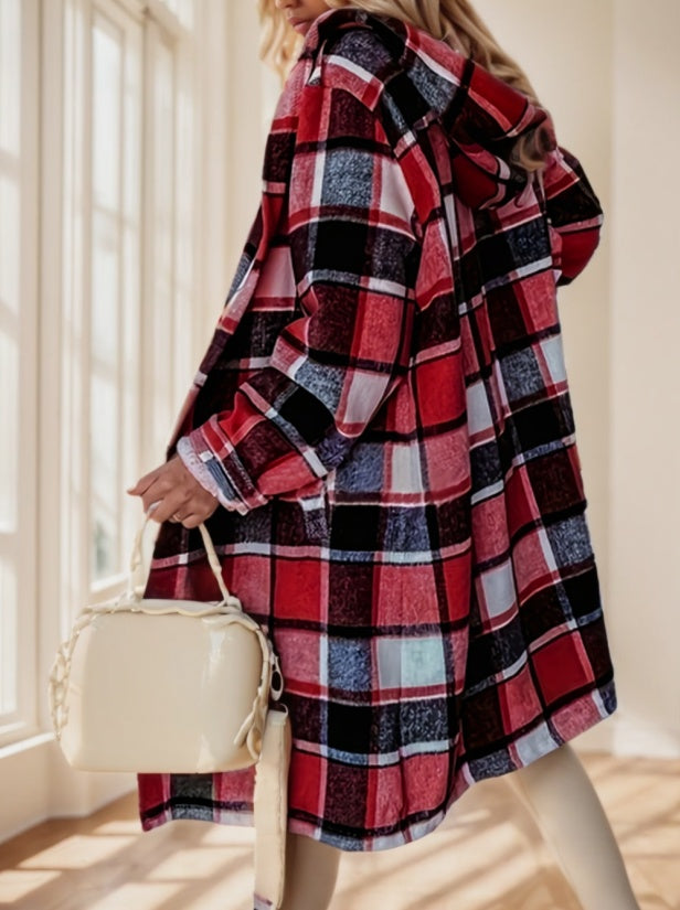 Women's Plaid Hooded Coat With Pocket Detail