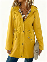 Ladies Hooded Drawstring Nipped-waist Plaid Coat