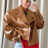 PU Leather Collar Jacket Coat For Women