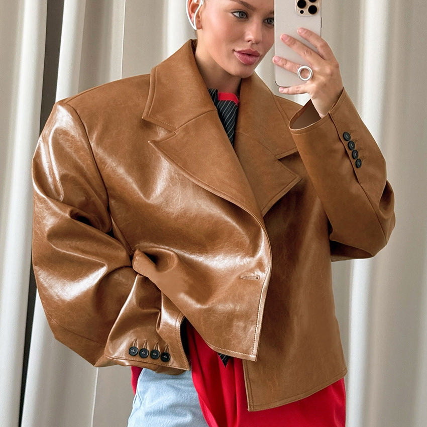 PU Leather Collar Jacket Coat For Women