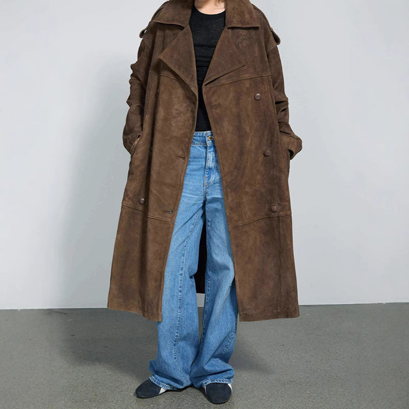 Loose Lapels Brown Long Suede Coat