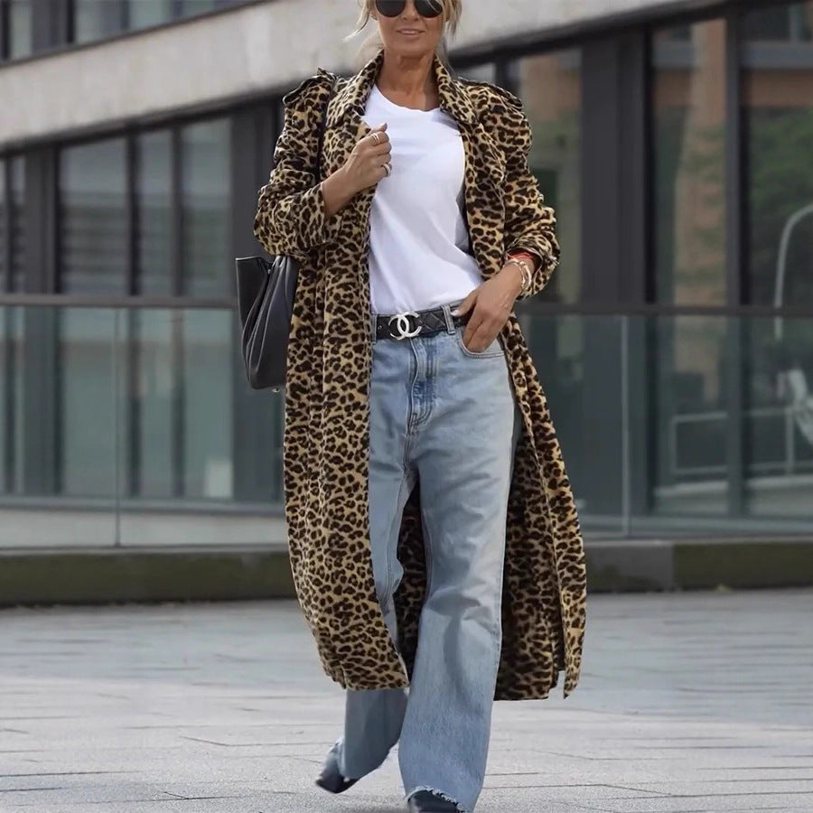 Leopard Print Women's Ultra-long Slim-fit Large Lapel Coat