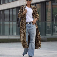 Leopard Print Women's Ultra-long Slim-fit Large Lapel Coat