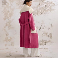 Fur Collar Long Stitching Cardigan Loose Knitted Overcoat Coat