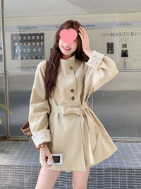 Khaki Short Stand Collar Windbreaker For Women Autumn New Small Super Beautiful Feeling British Style Coat