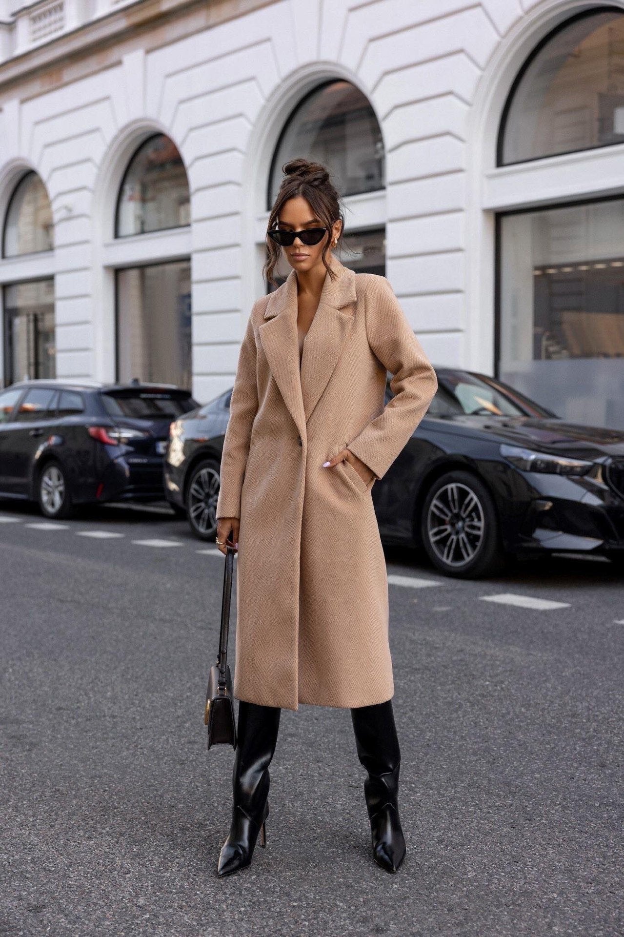 Simple Solid Color Long Sleeve Mid-length Woolen Coat