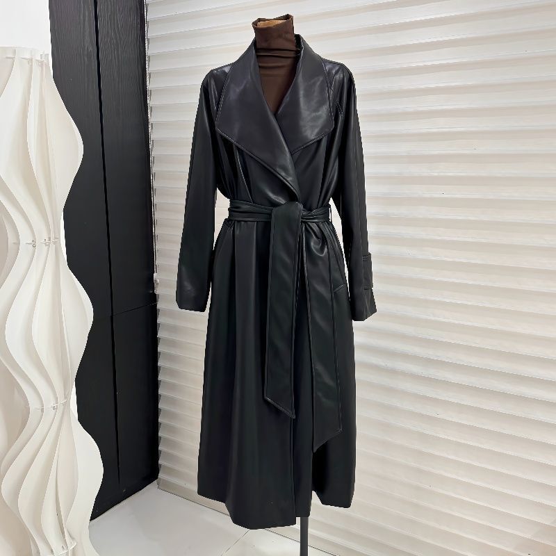 Lapel Mid-length Leather Coat Women