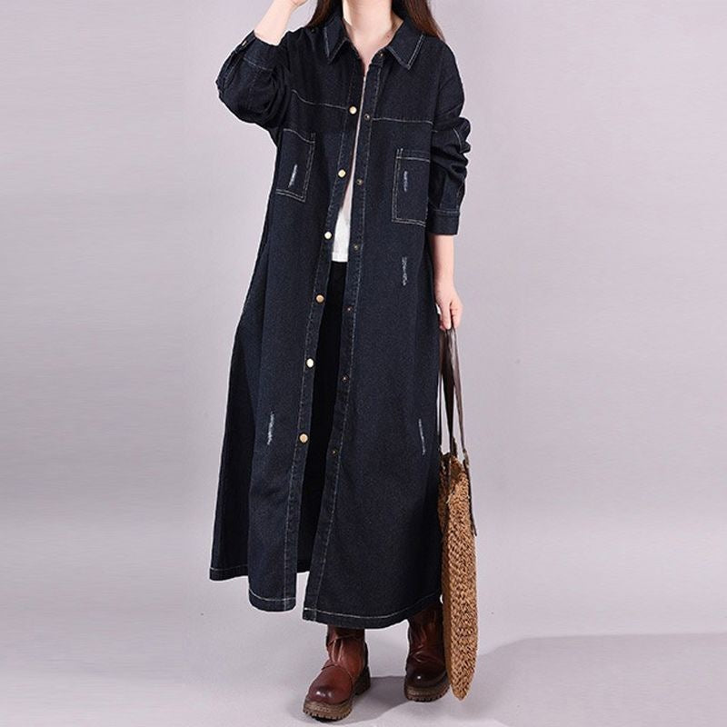 Loose Denim Trench Coat Retro Distressed Mid-length