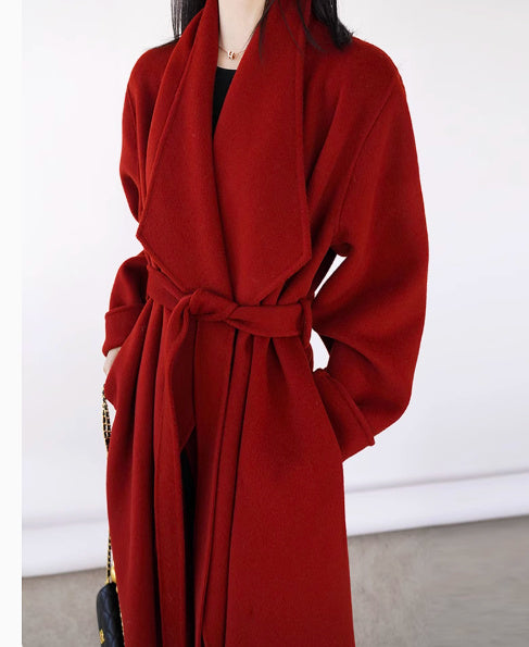 Handmade Red Wool Mid-length Cashmere Coat