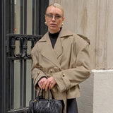 Trendy Casual Lace Up Waist-tight Mid-length Khaki Trench Coat For Women